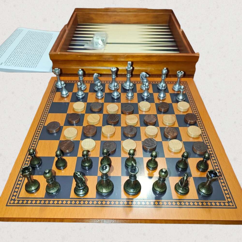 3 in 1 Wooden Chess Checkers Backgammon Board Game Set Metal Pieces 12 Inch